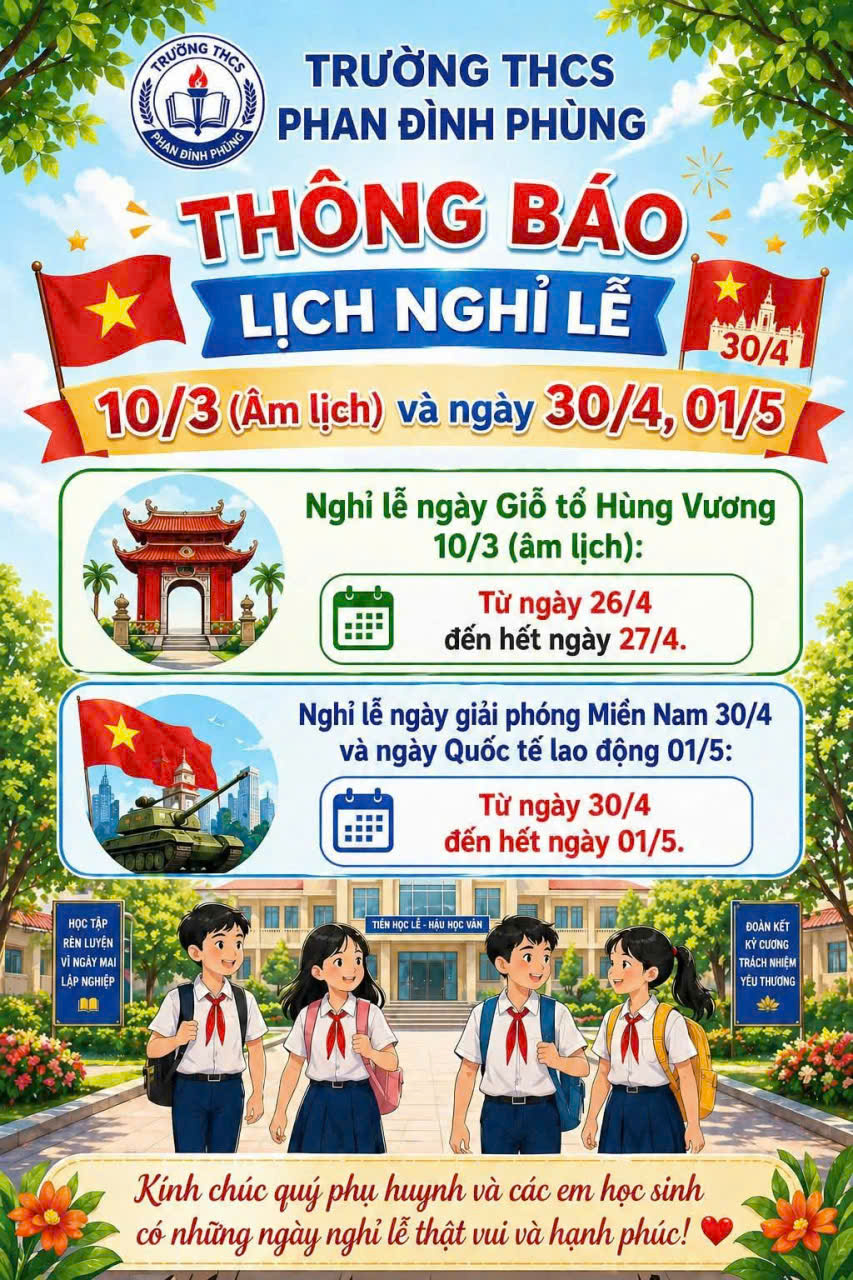Thông báo Nghỉ lễ Giỗ Tổ Hùng Vương, 30/4 và 01/5.